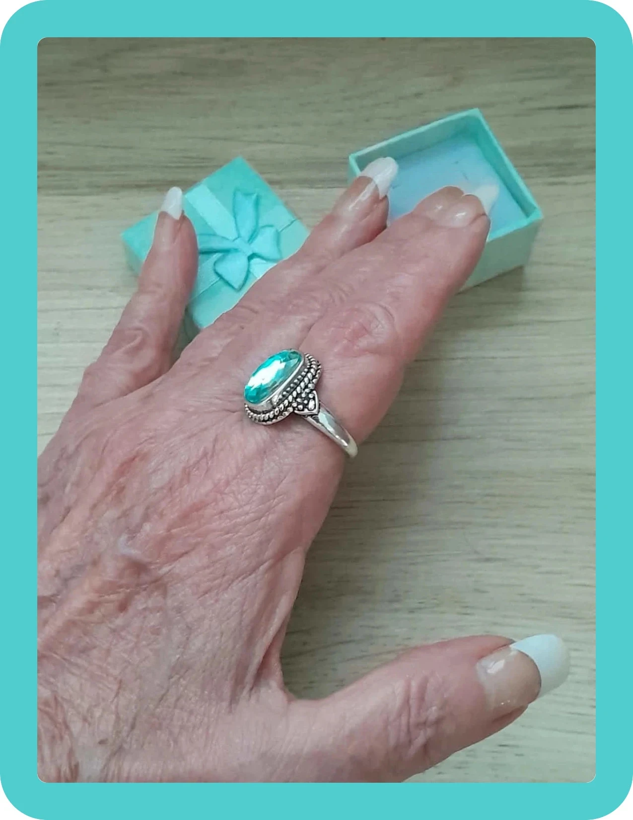 Bague stijl Vintage, rechthoekig, gegraveerd blauwe steen kleur Zilveren verouderde maat 60 – photo 6